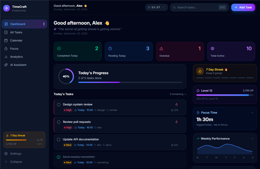 TimeCraft dashboard